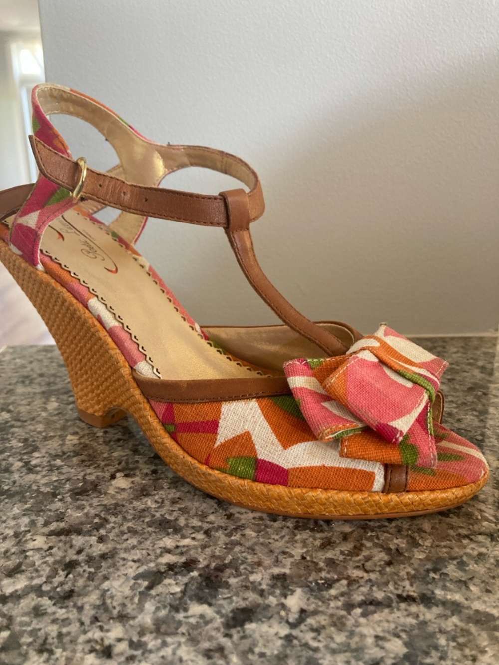 Poetic License Bow Pink and Orange Floral Wedge Sandals